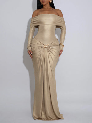 Metallic Off-Shoulder Maxi Dress