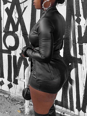 Faux-Leather Slit Top & Shorts Set