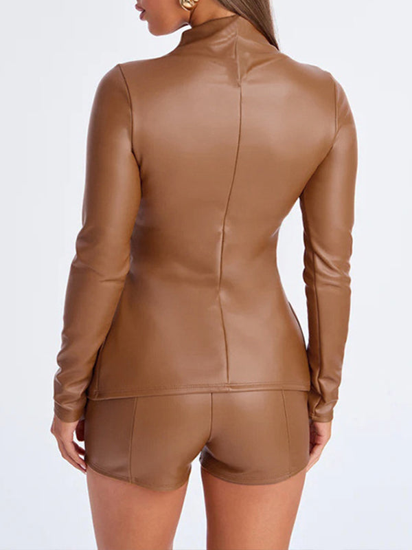 Faux-Leather Slit Top & Shorts Set