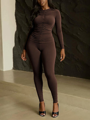 Solid Ruched Top & Skinny Pants Set