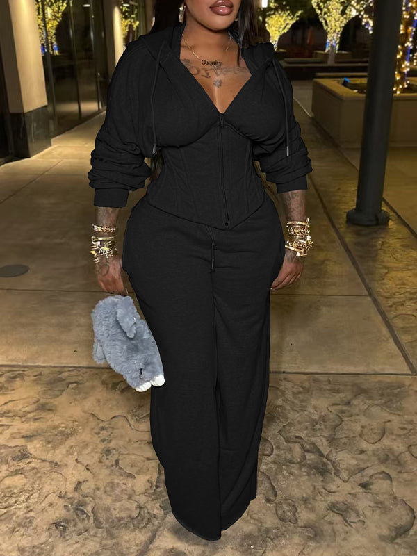 Solid Lace-Up Hoodie & Pants Set