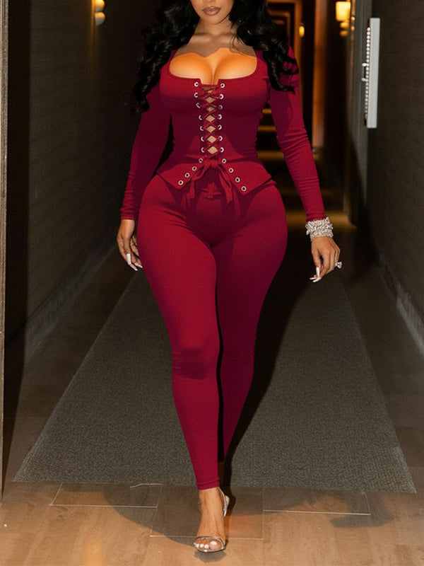 Solid Lace-Up Top & Pants Set