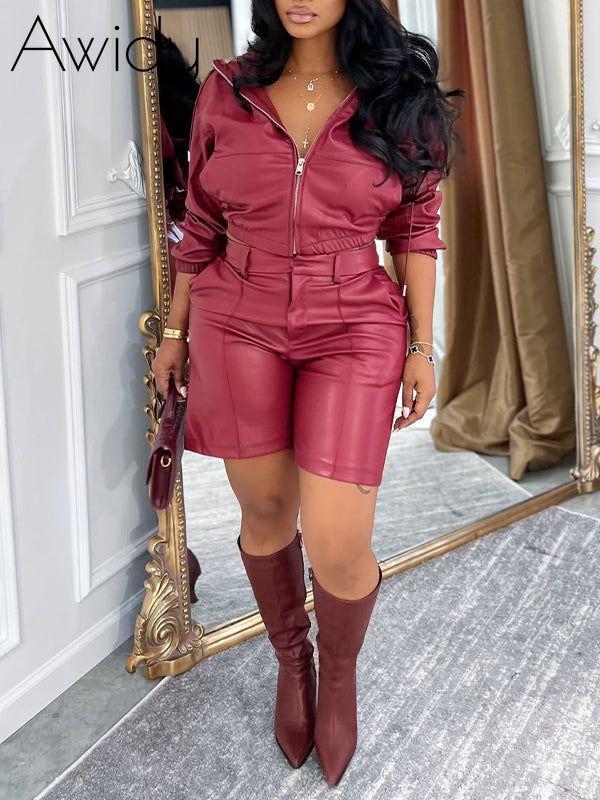 Faux-Leather Hoodie & Shorts Set