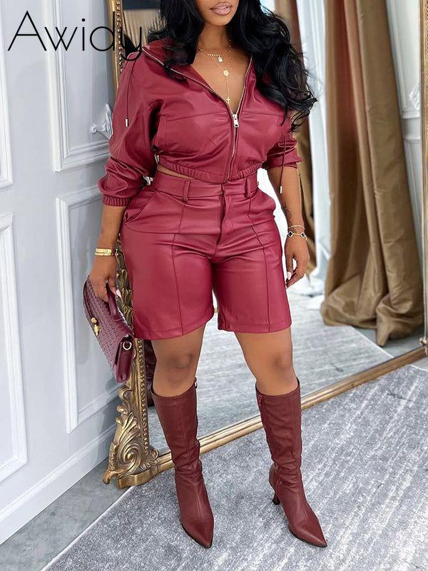 Faux-Leather Hoodie & Shorts Set