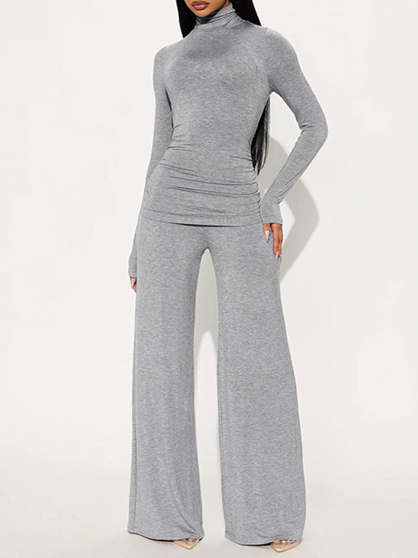 Solid Turtleneck Top & Wide-Leg Pants Set