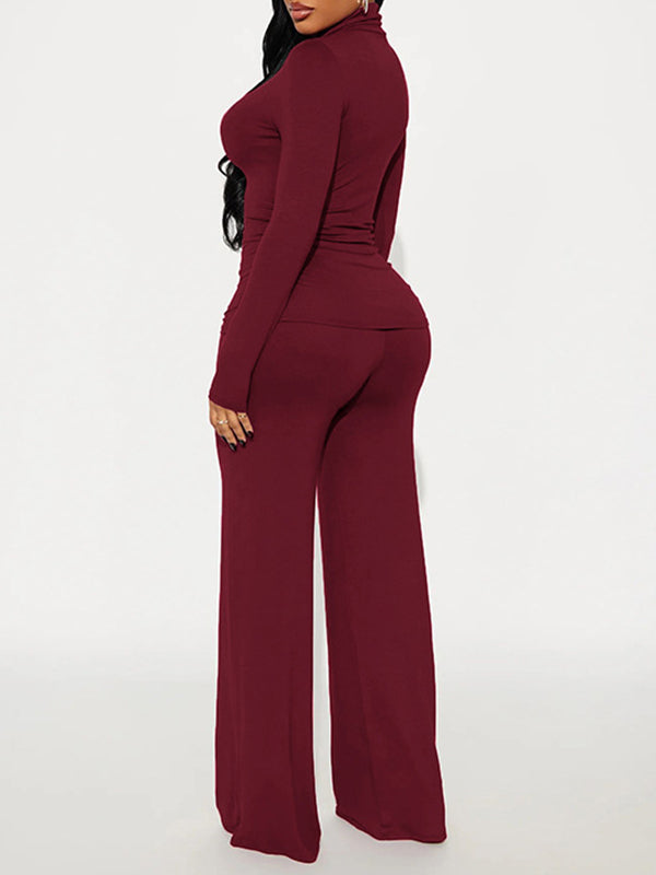 Solid Turtleneck Top & Wide-Leg Pants Set