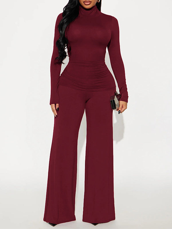 Solid Turtleneck Top & Wide-Leg Pants Set