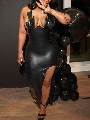 Faux-Leather Side-Slit Dress