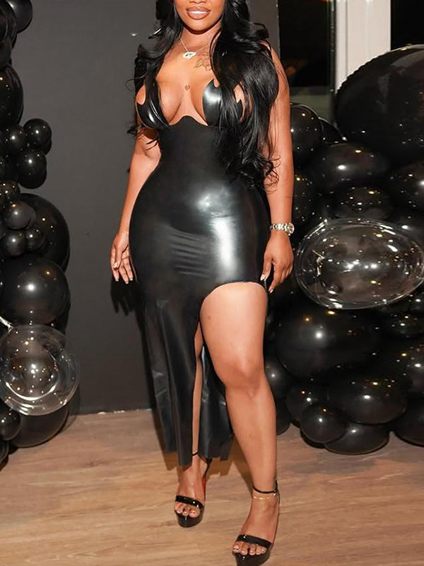 Faux-Leather Side-Slit Dress