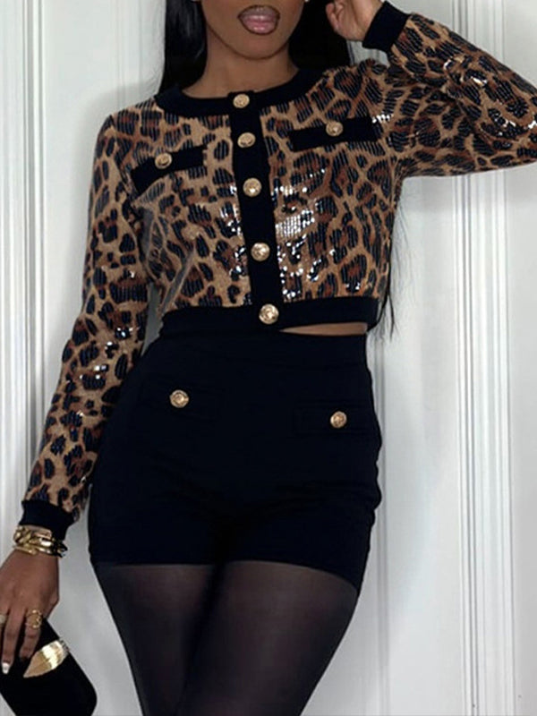Leopard Sequin Cardigan & Shorts Set