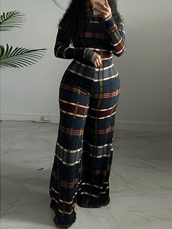 Plaid Top & Wide-Leg Pants Set