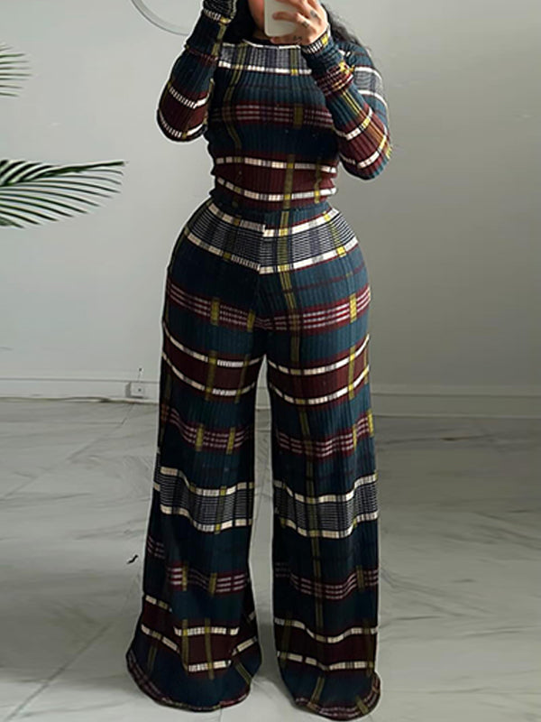 Plaid Top & Wide-Leg Pants Set