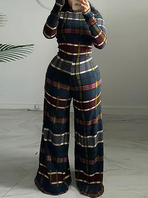 Plaid Top & Wide-Leg Pants Set