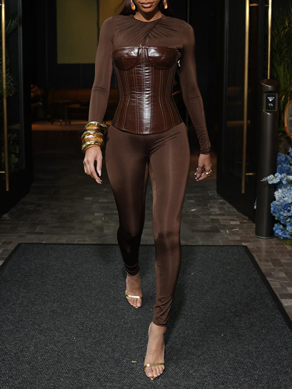 Faux-Leather Corset Pants Set