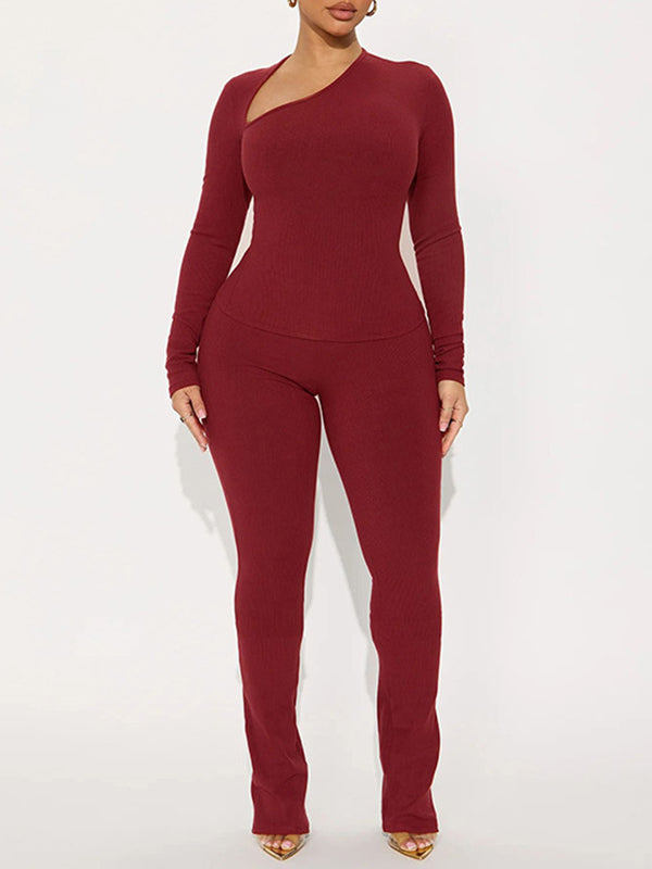 Solid Asymmetric-Neck Top & Pants Set