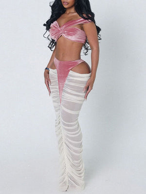 Off-Shoulder Bandeau Top & Sheer-Combo Skirt Set