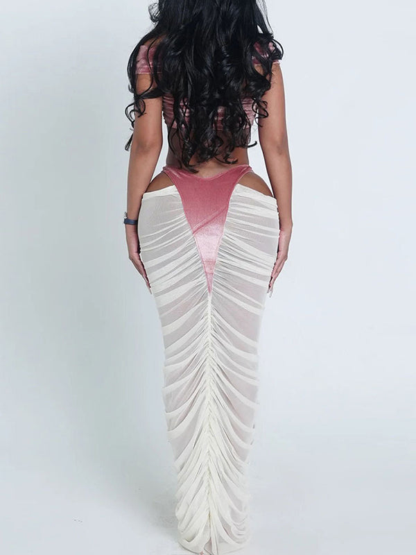 Off-Shoulder Bandeau Top & Sheer-Combo Skirt Set