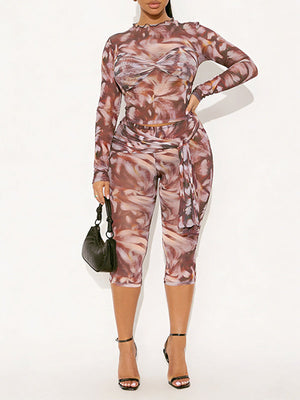 Printed Top & Tied Capri Pants Set