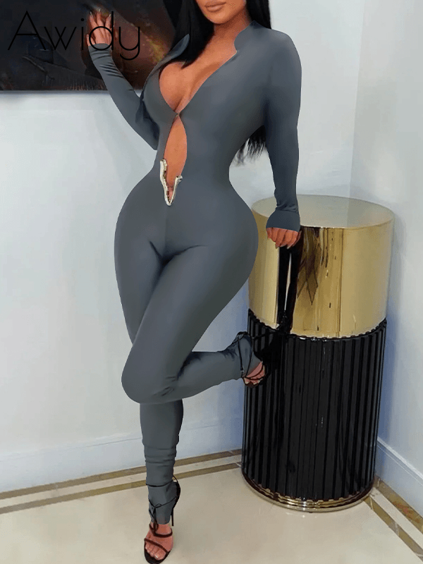 V-Neck Cutout Skinny Jumpsuit