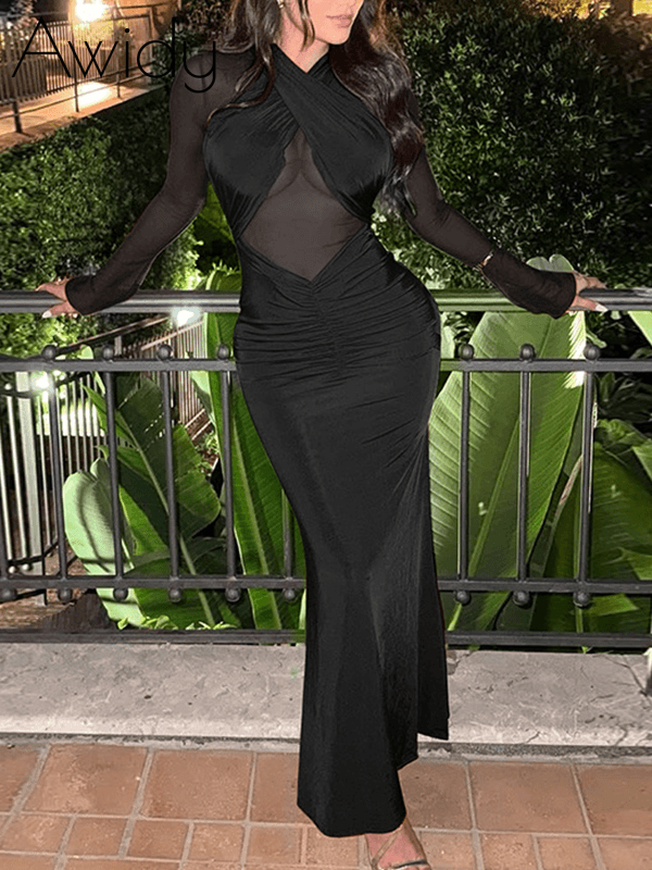 Cross Sheer-Combo Maxi Dress