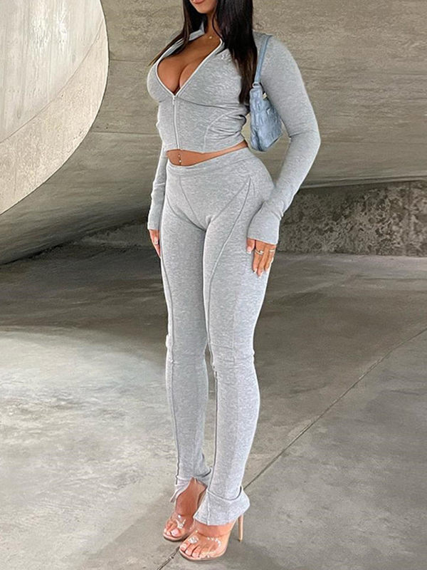 Solid Zip Top & Slit Pants Set