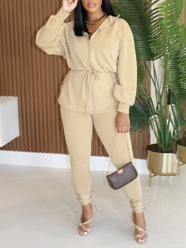 Drawstring Zip-Front Jacket & Pants Set