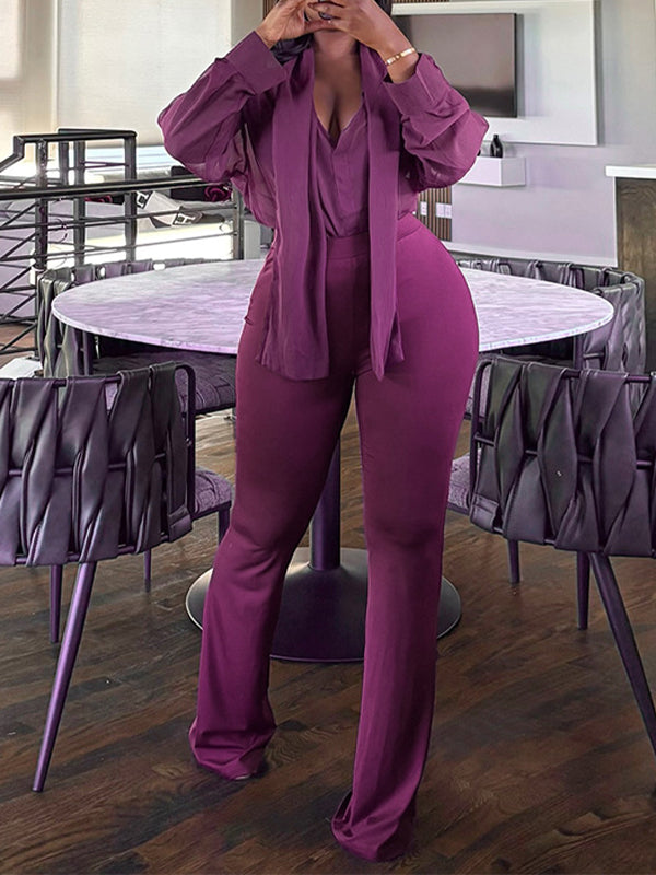 Solid Tie-Neck Shirt & Pants Set