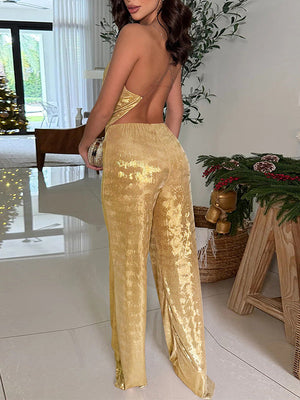 Metallic Cowl-Neck Top & Pants Set