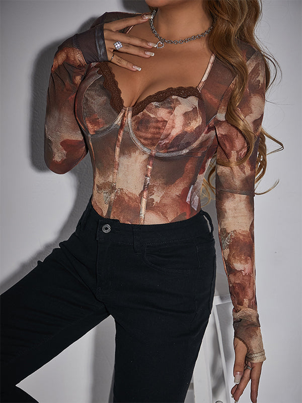 Printed Lace-Combo Bodysuit