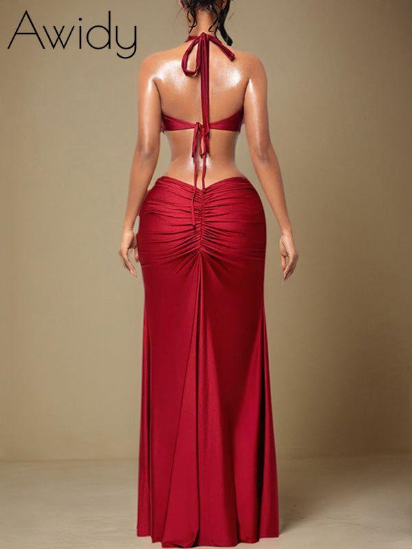Halter Slit Ruched Dress