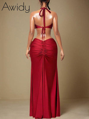 Halter Slit Ruched Dress