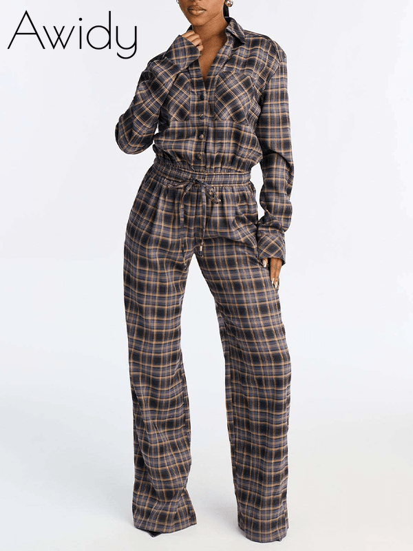 Plaid Button-Front Jumpsuit