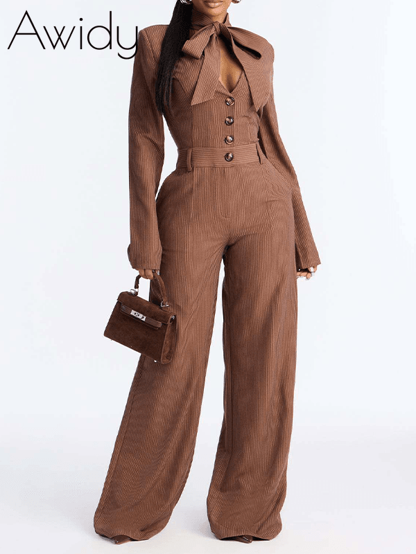 Tied-Neck Button-Front Jumpsuit