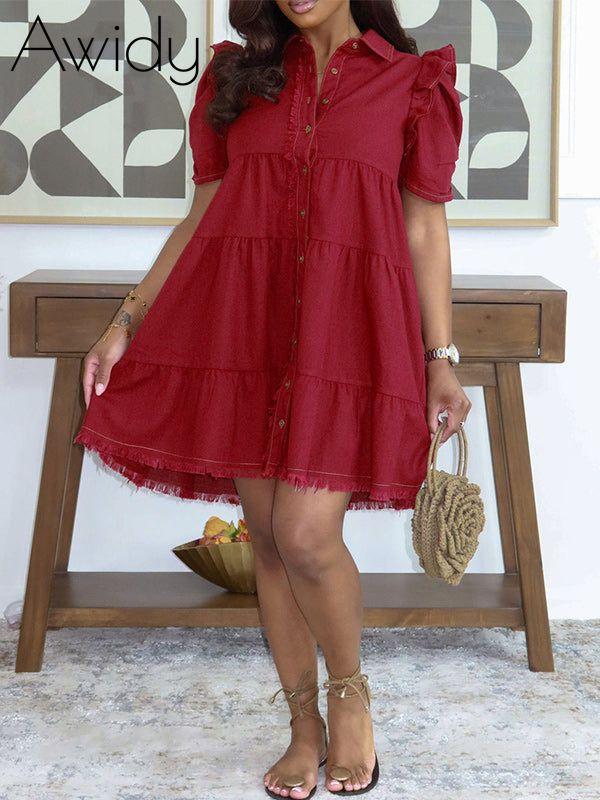 Frilled Button-Front Shirt Dress