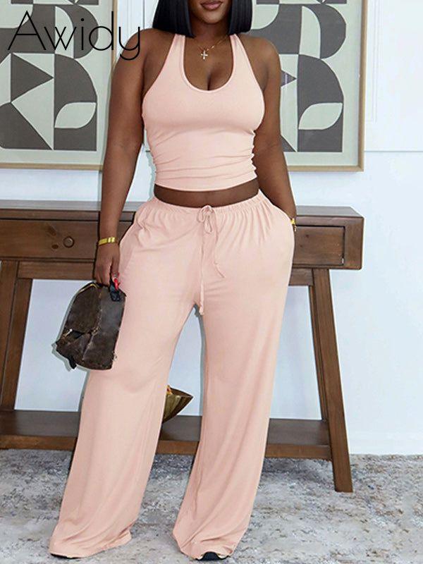 Solid Tank Top & Wide-Leg Pants Set