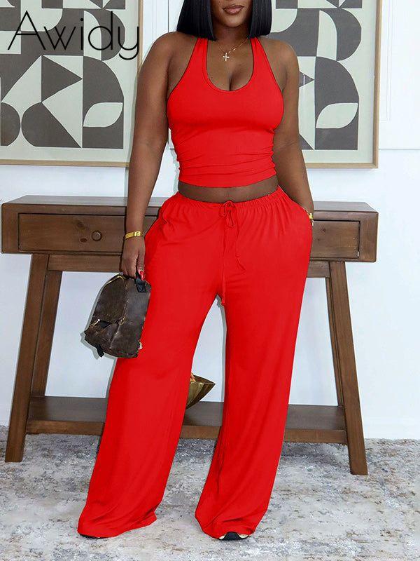 Solid Tank Top & Wide-Leg Pants Set