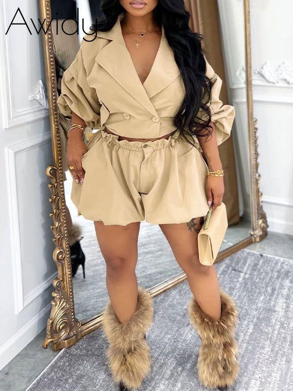 Lapel Jacket & Bubble Shorts Set