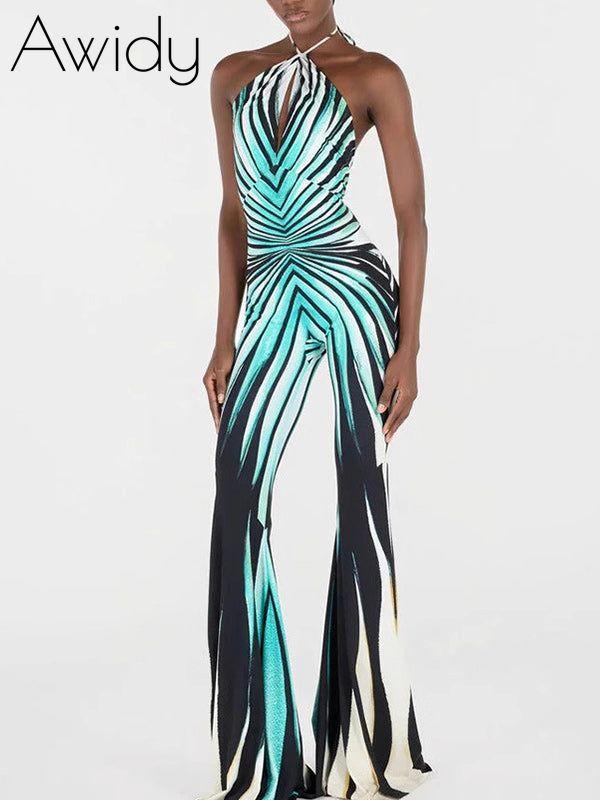 Printed Halter Flared Jumpsuit