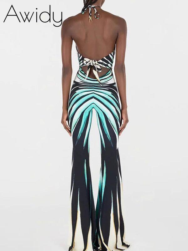 Printed Halter Flared Jumpsuit
