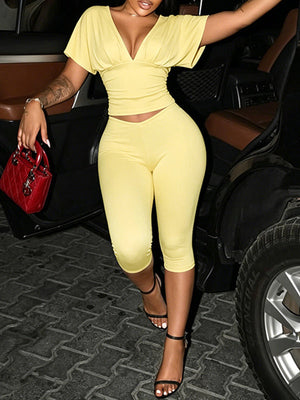 Solid V-Neck Top & Capri Pants Set