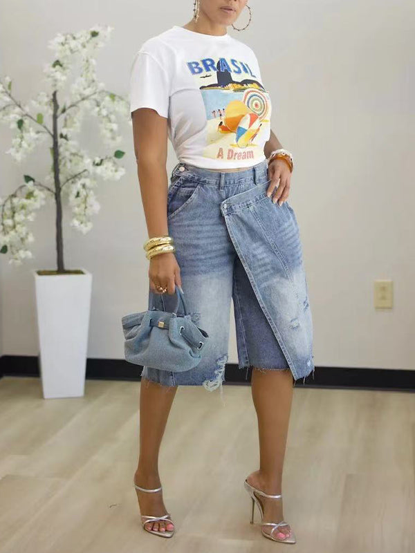 Asymmetric Bermuda Denim Shorts
