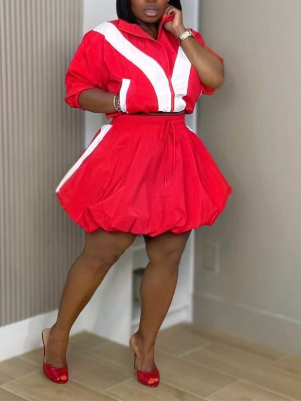Two-Tone Zip-Front Jacket & Bubble Skirt Set