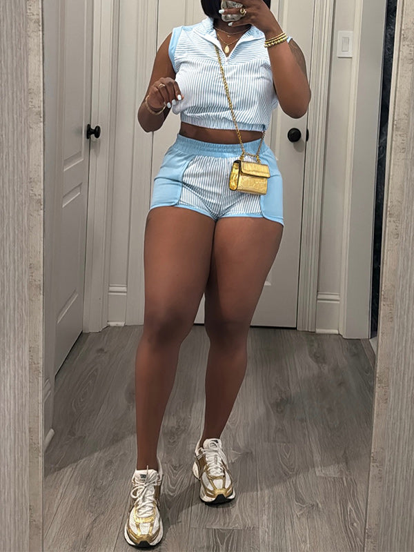 Stripe Zip Vest & Shorts Set