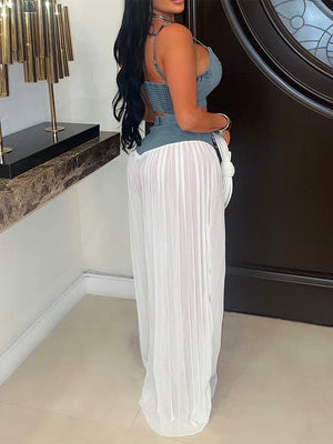 Denim Cami Top & Pleated Combo Pants Set
