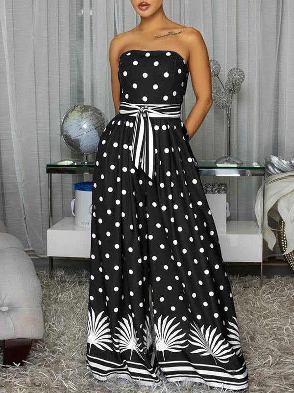 Dot Tied Wide-Leg Strapless Jumpsuit
