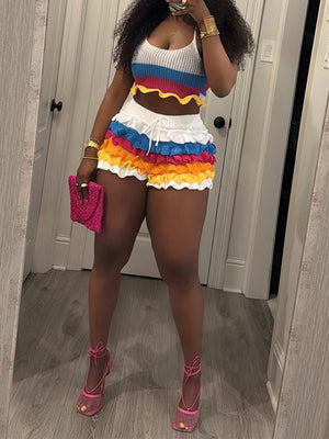 Crotchet Halter Top & Frilled Shorts Set