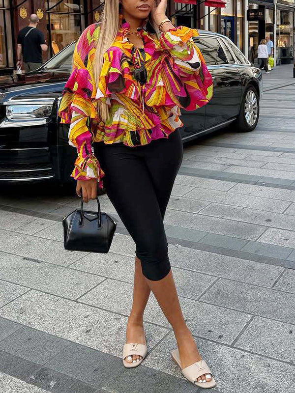 Printed Ruffle Tied Shirt