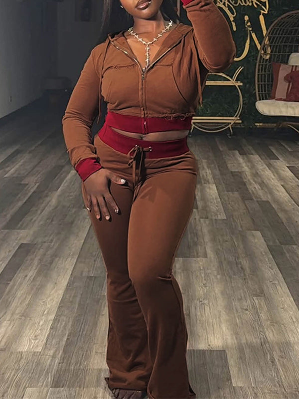 Contrast Zip-Front Hoodie & Pants Set