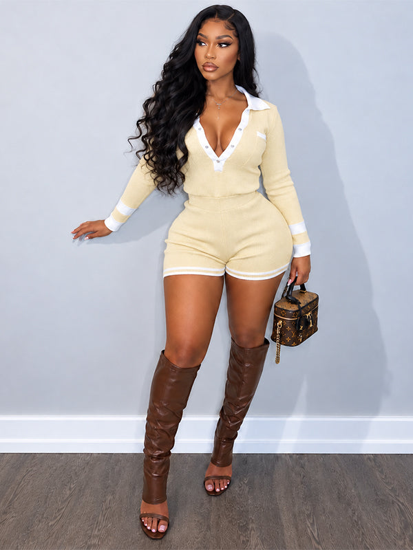 Contrast Knit Polo Romper