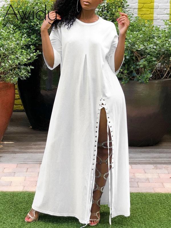 White Lace-up Slit Dress White